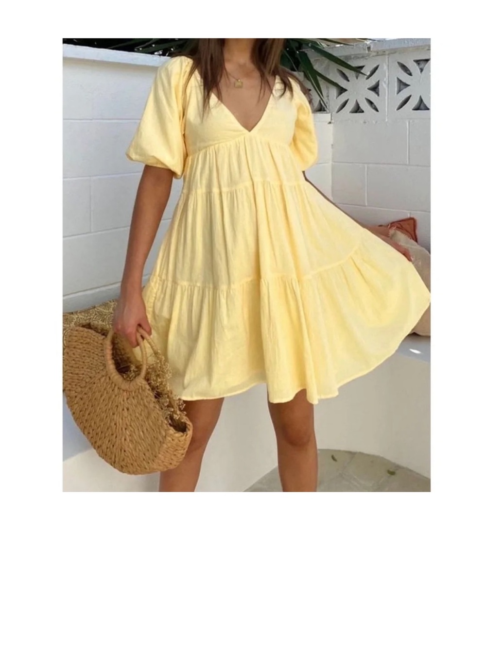Commense Light Yellow V‑Neck Puff Sleeve Tiered Mini Dress